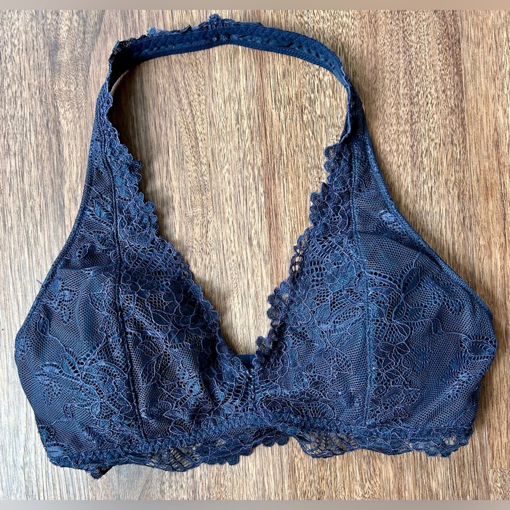 ABERCROMBIE & FITCH A&F Floral Navy Lace Halter Bralette Romantic Lounge | Sz M - Picture 2 of 10